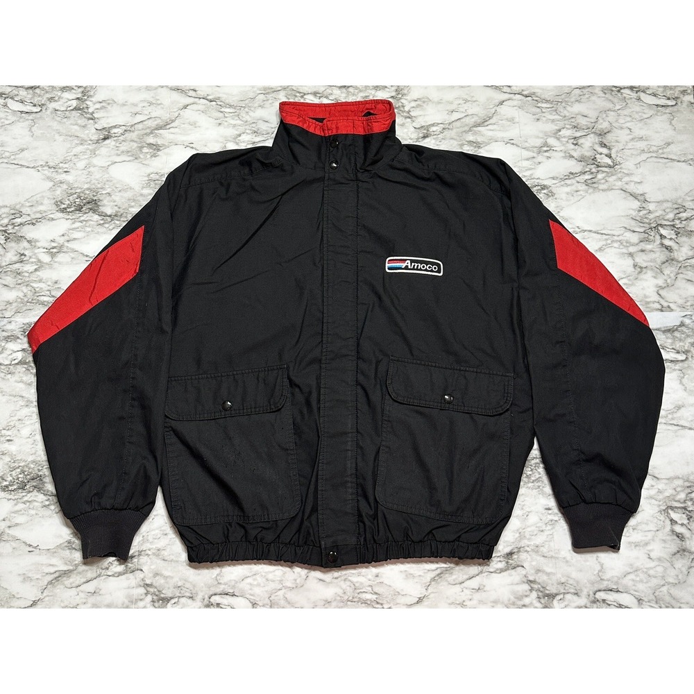 K-Products Full Zip Men's Jacket USA Made L Black Windbreak AMOCO Relaxed‎ VTG